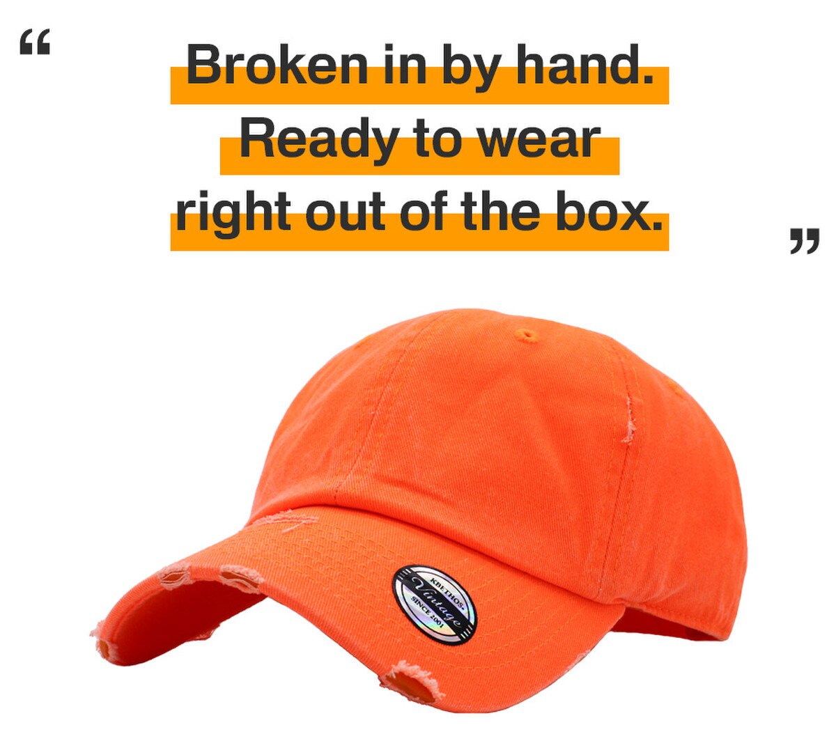 Neon Orange Distressed Vintage Baseball Cap Front Side View